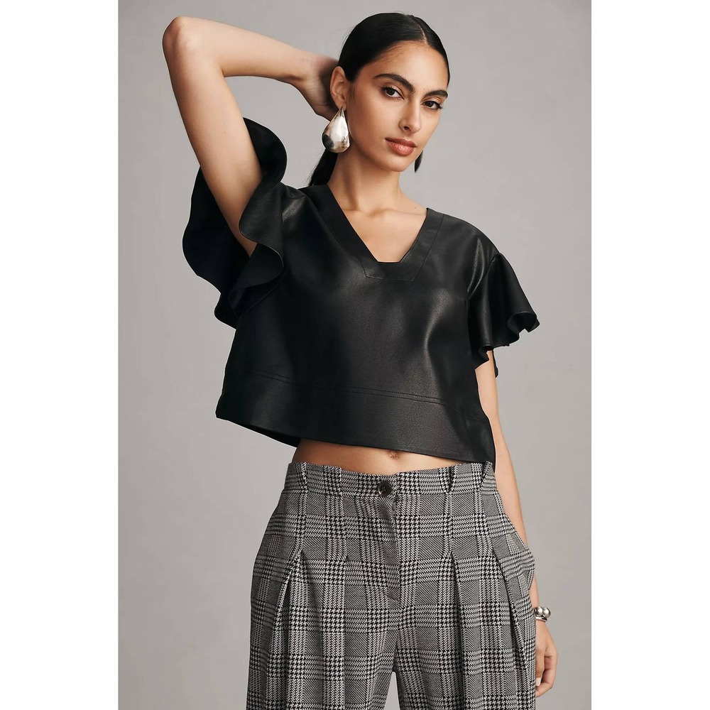 Anthropologie Maeve Cropped Ruffle Sleeve Top Black Feminine Flutter‎ Blouse